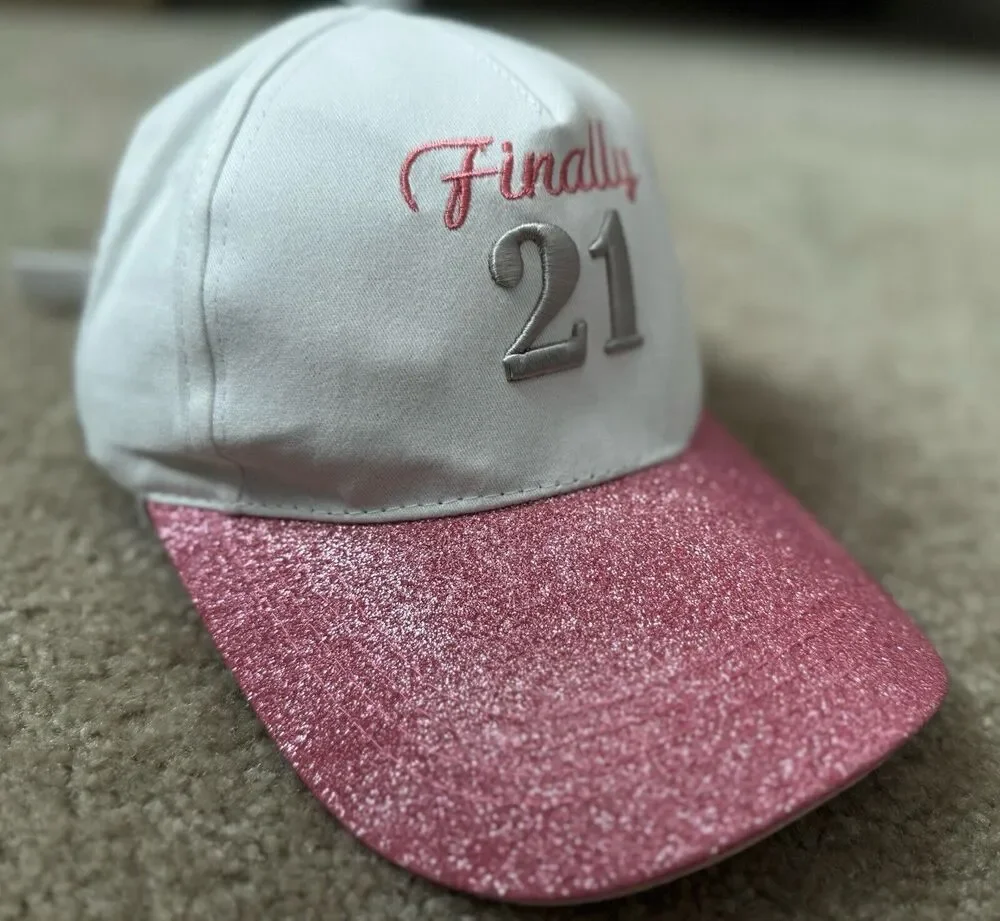 Finally 21 Birthday White/ Sparkling Pink Hood Hat & Sash Set Bundle Brand New